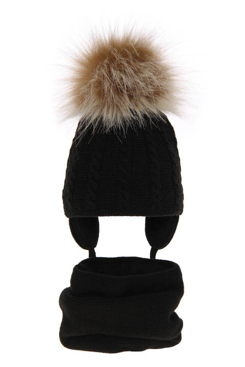 Girl's winter set: hat and tube scarf black Klementin with pompom