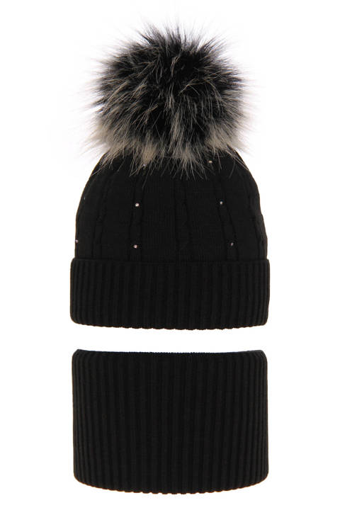 Girl's winter set: hat and tube scarf black Lawa with pompom