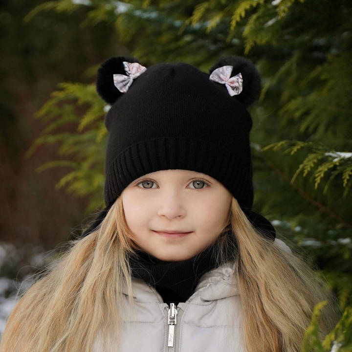 Girl's winter set: hat and tube scarf black Lilo with two pompom