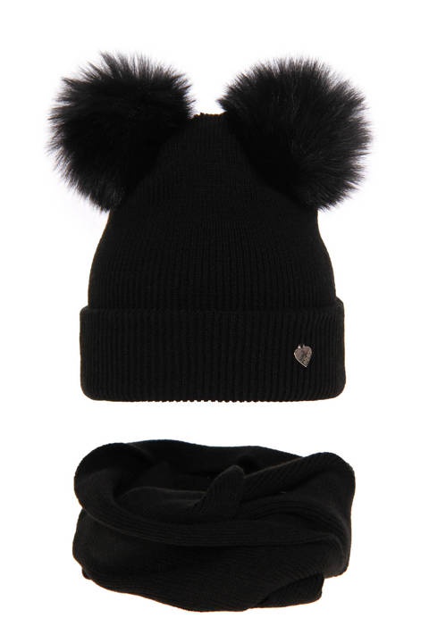 Girl's winter set: hat and tube scarf black Milagros with two pompom