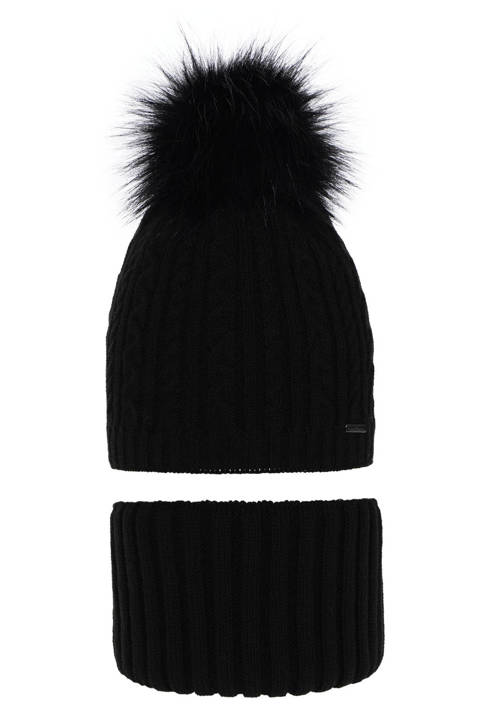 Girl's winter set: hat and tube scarf black Rima with pompom