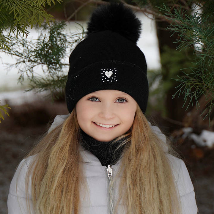 Girl's winter set: hat and tube scarf black Sendi with pompom