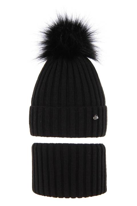 Girl's winter set: hat and tube scarf black Wilma with pompom