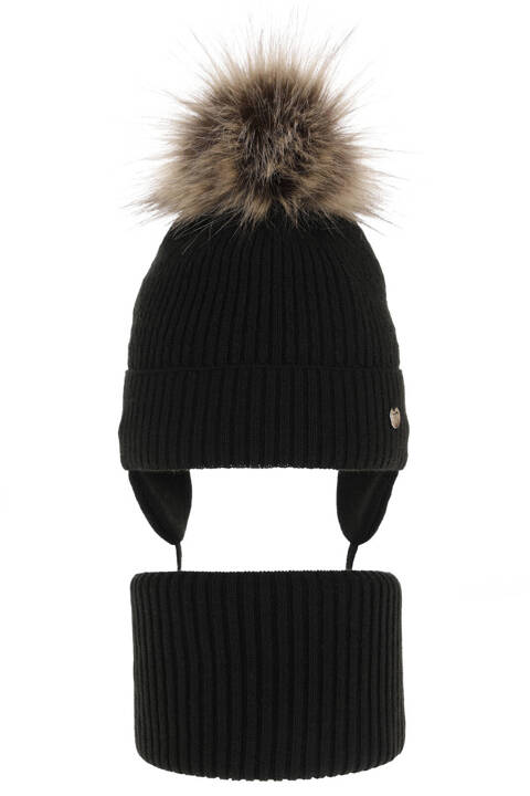 Girl's winter set: hat and tube scarf black with pompom Debra