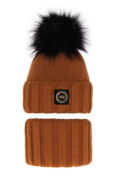 Girl's winter set: hat and tube scarf brown Hendi with pompom