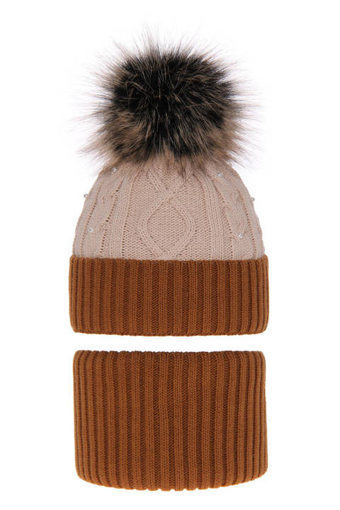 Girl's winter set: hat and tube scarf brown Medison with pompom