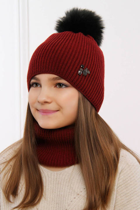 Girl's winter set: hat and tube scarf burgund Rawena with pompom