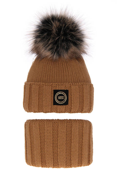 Girl's winter set: hat and tube scarf camel Hendi with pompom