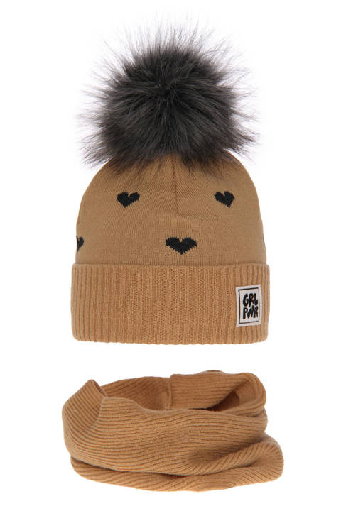 Girl's winter set: hat and tube scarf camel Jasmin with pompom