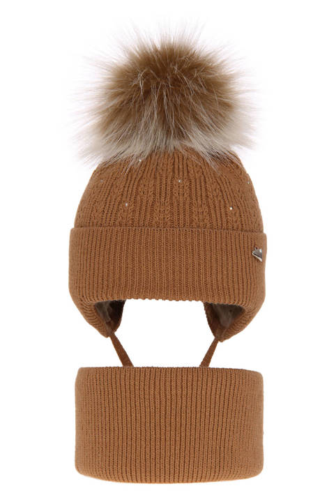 Girl's winter set: hat and tube scarf camel Kornela with pompom