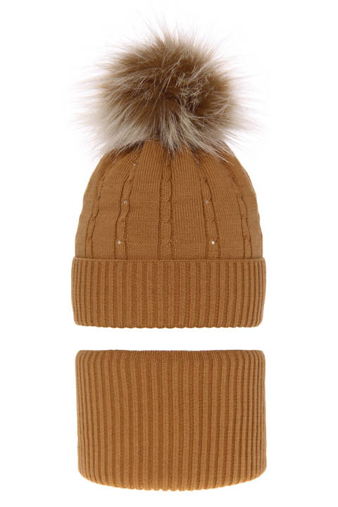 Girl's winter set: hat and tube scarf camel Lawa with pompom