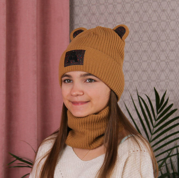 Girl's winter set: hat and tube scarf camel Romka