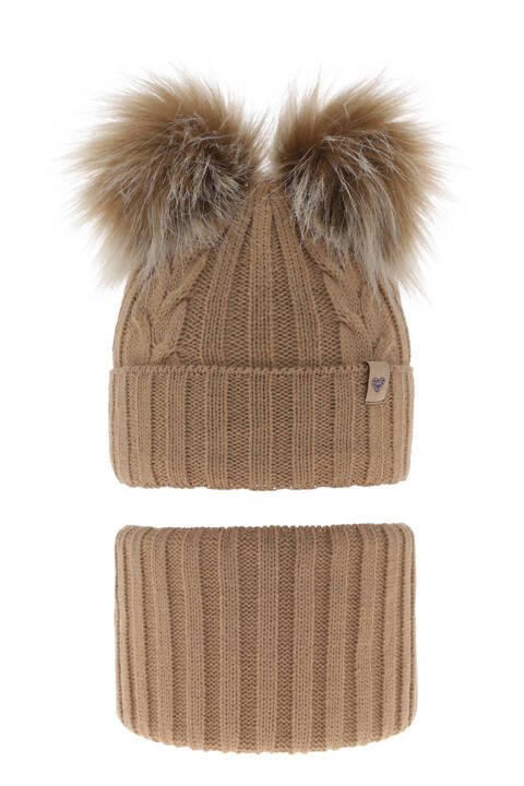 Girl's winter set: hat and tube scarf camel with two pompoms Amala