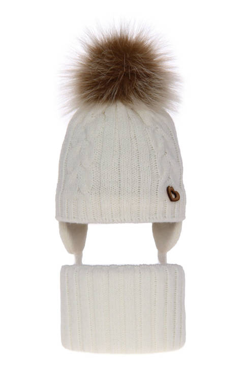 Girl's winter set: hat and tube scarf ecru Kardia with pompom