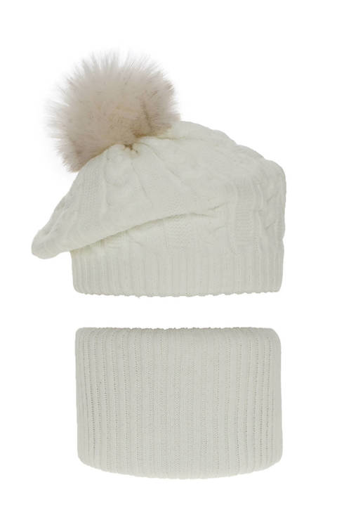 Girl's winter set: hat and tube scarf ecru Koffi with pompom