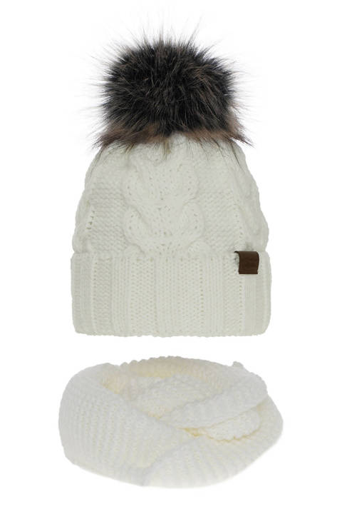 Girl's winter set: hat and tube scarf ecru Torina with pompom