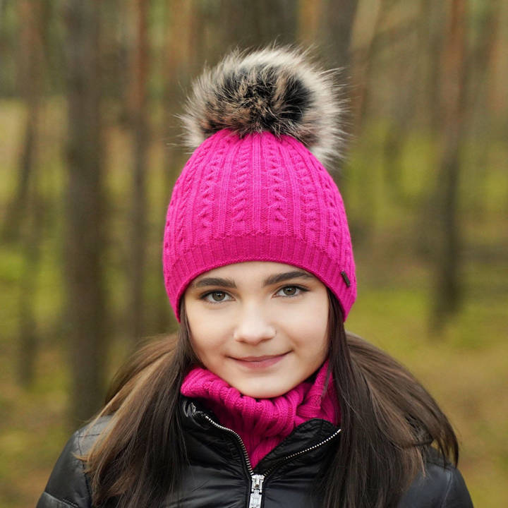 Girl's winter set: hat and tube scarf fialový Rima with pompom