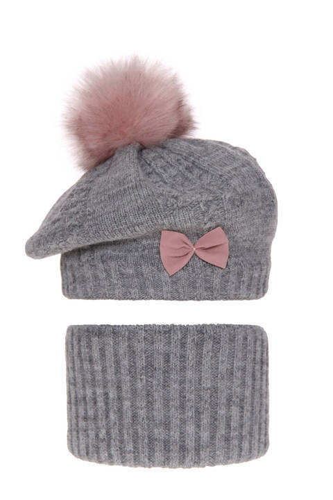 Girl's winter set: hat and tube scarf grey Amora with pompom