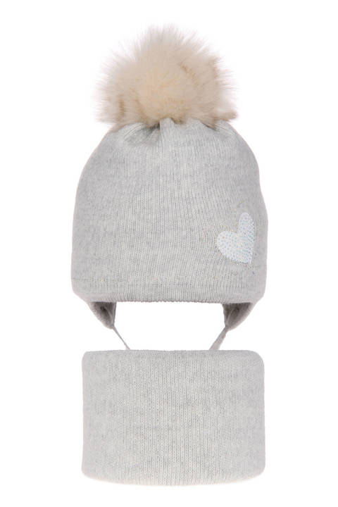 Girl's winter set: hat and tube scarf grey Anna with pompom