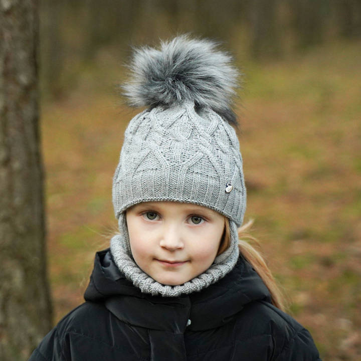 Girl's winter set: hat and tube scarf grey Elena with pompom