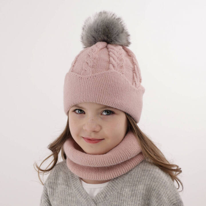 Girl's winter set: hat and tube scarf grey Etula with pompom