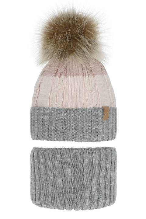 Girl's winter set: hat and tube scarf grey Karmelita with pompom