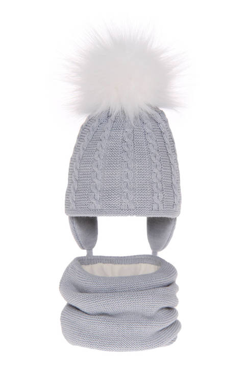 Girl's winter set: hat and tube scarf grey Klementin with pompom