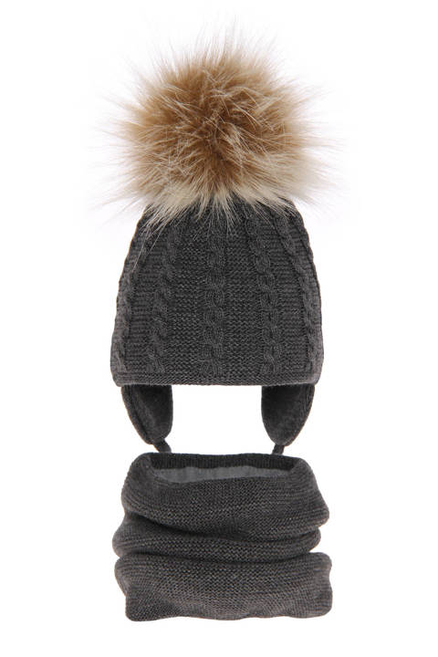 Girl's winter set: hat and tube scarf grey Klementin with pompom