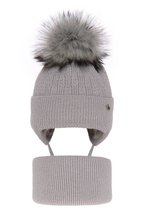 Girl's winter set: hat and tube scarf grey Kornela with pompom