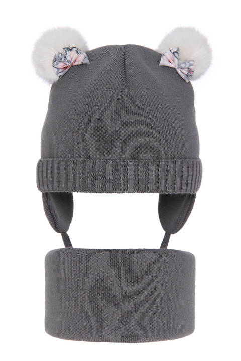 Girl's winter set: hat and tube scarf grey Lilo with two pompom