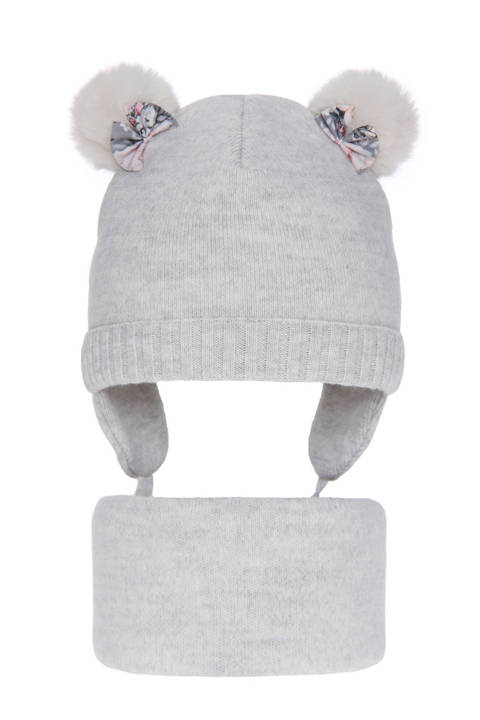 Girl's winter set: hat and tube scarf grey Lilo with two pompom