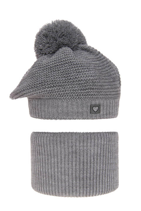 Girl's winter set: hat and tube scarf grey Lira with pompom