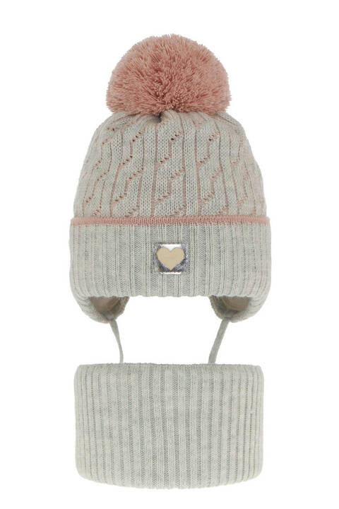 Girl's winter set: hat and tube scarf grey Natka with pompom