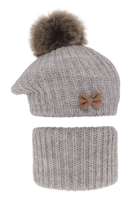 Girl's winter set: hat and tube scarf grey Polinezja with pompom