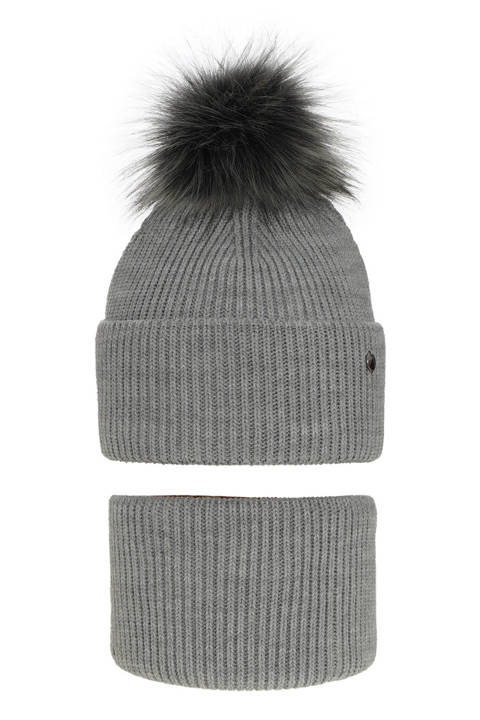 Girl's winter set: hat and tube scarf grey Reneta with pompom