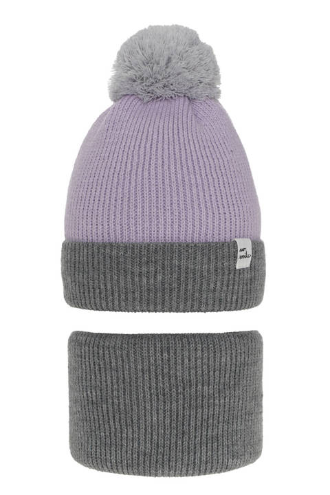 Girl's winter set: hat and tube scarf grey Rosalin with pompom