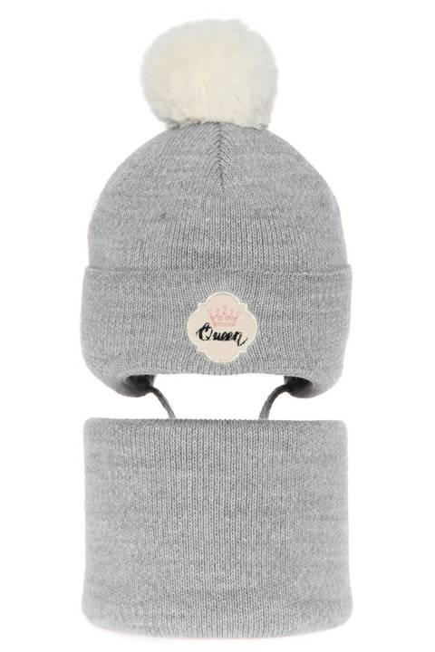 Girl's winter set: hat and tube scarf grey Rota with pompom