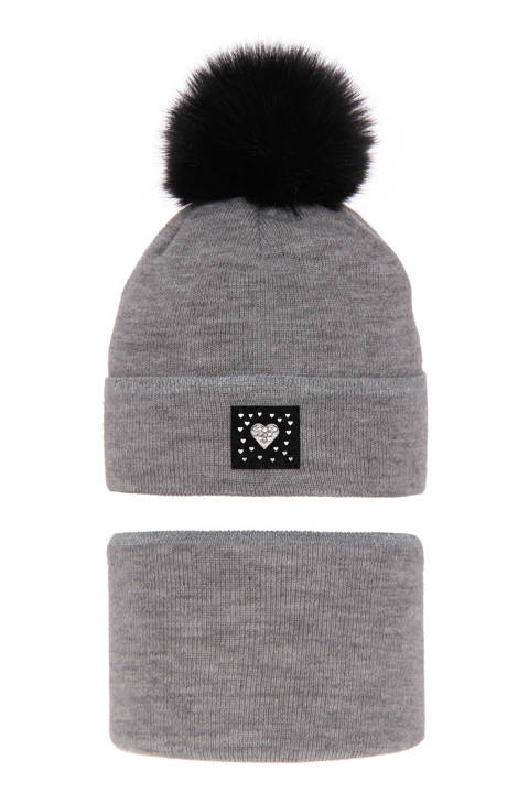 Girl's winter set: hat and tube scarf grey Sendi with pompom