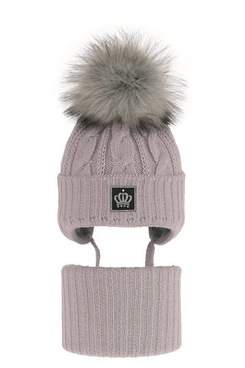 Girl's winter set: hat and tube scarf grey Tigra with pompom