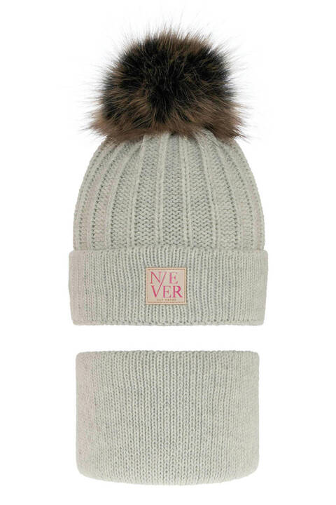 Girl's winter set: hat and tube scarf grey Tulia with pompom