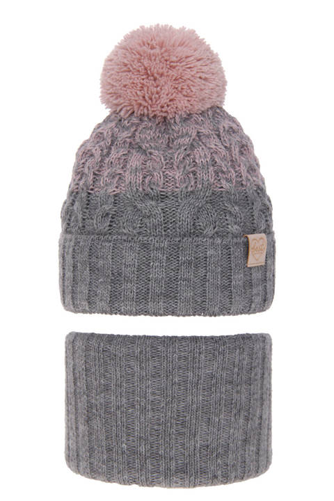 Girl's winter set: hat and tube scarf grey Zendaya with pompom