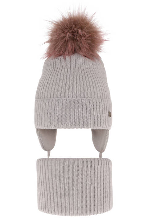 Girl's winter set: hat and tube scarf grey with pompom Debra