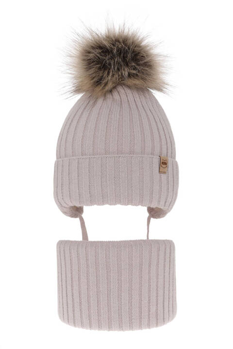 Girl's winter set: hat and tube scarf grey with pompom Louisa