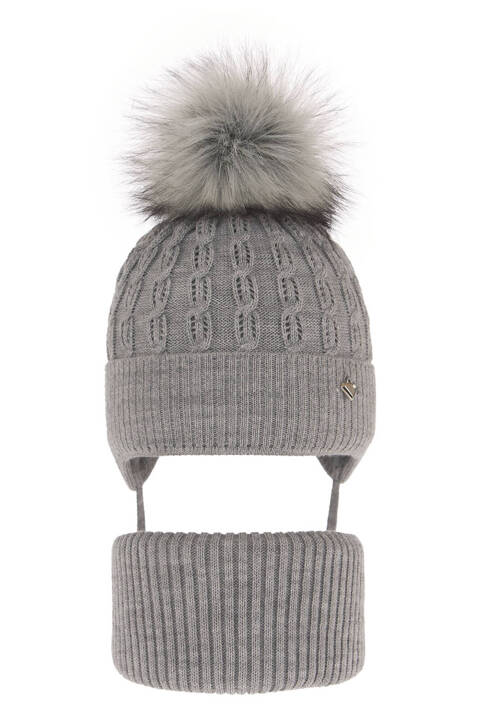 Girl's winter set: hat and tube scarf grey with pompom Tukana 