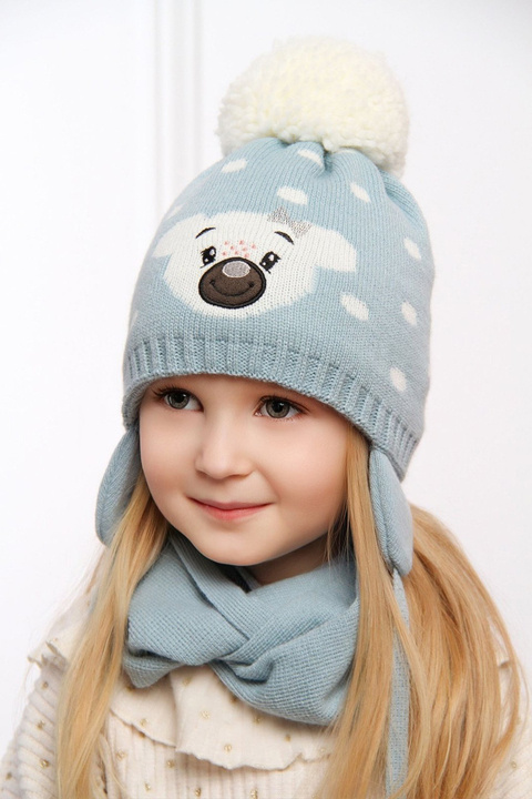 Girl's winter set: hat and tube scarf light blue Siena with pompom