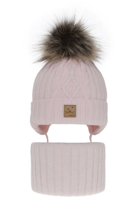 Girl's winter set: hat and tube scarf pink Aida with pompom