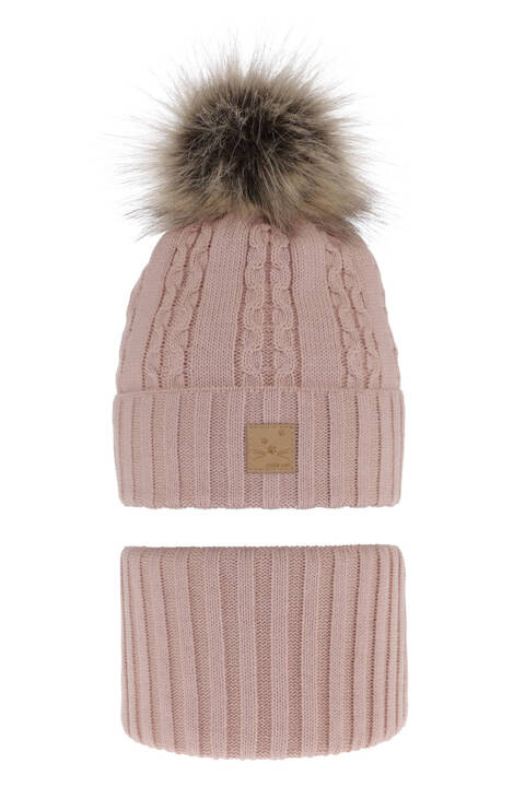 Girl's winter set: hat and tube scarf pink Alexia with pompom