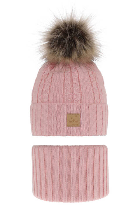 Girl's winter set: hat and tube scarf pink Alexia with pompom