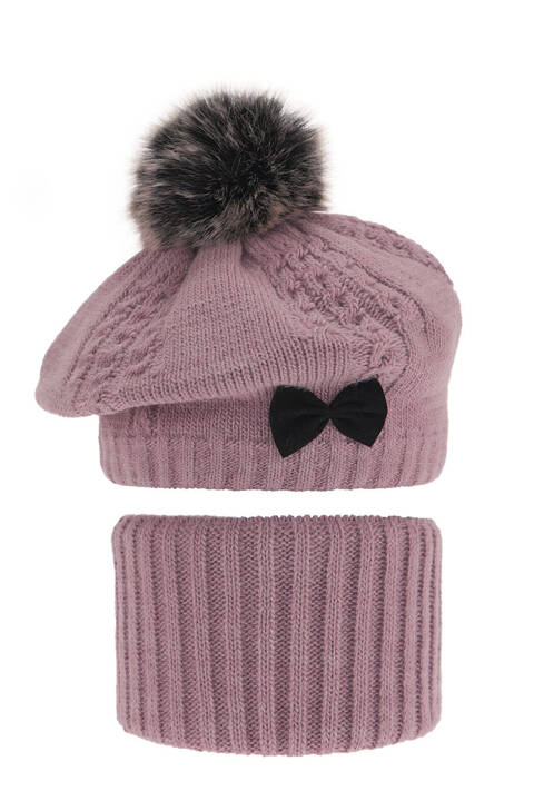 Girl's winter set: hat and tube scarf pink Amora with pompom