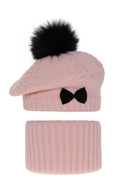 Girl's winter set: hat and tube scarf pink Amora with pompom